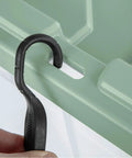 Heavy Duty Rolling Storage Bins, 40 Gallon Capacity, 2 Pack showing black hook on green sage container edge.