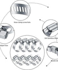 Close-up of Heavy Duty Stainless Steel Hose Clamps Kit, Thirty Two Pack showing screw hole, adjust size, and buckle design.