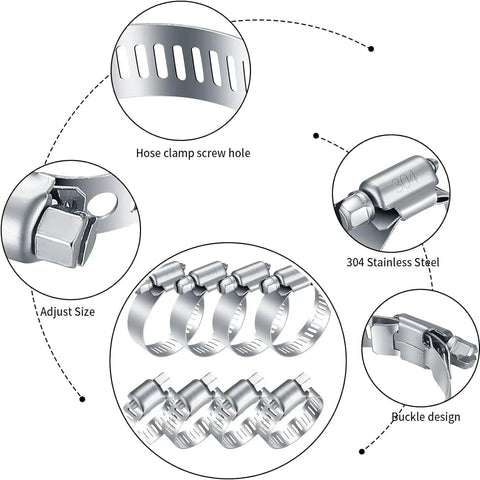 Close-up of Heavy Duty Stainless Steel Hose Clamps Kit, Thirty Two Pack showing screw hole, adjust size, and buckle design.