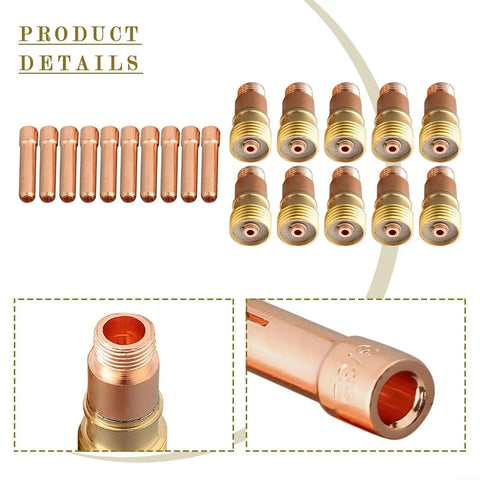 Ultimate 20 Piece Tig Welding Consumables Kit With 3/32 Nozzle And Stubby Gas Lens For Wp-17 18 26 Models Ensuring Precise Fit And Superior Gas Coverage For Tight Spots, featuring copper nozzles and gas lenses.
