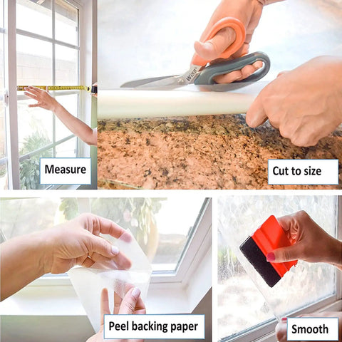 Beechwood Self Adhesive Decorative Film Large 26x78 Inch Roll 2 Pack For Cabinets Furniture Walls And Shelves DIY Makeover Easy Peel And Stick Real Wood Grain Finish being measured, cut, peeled, and smoothed on a window.