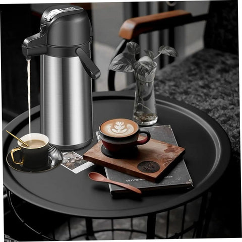 Party-Ready Hot Beverage Dispenser With Pump, 1.9L Insulated Stainless Steel Carafe, on coffee table with cups