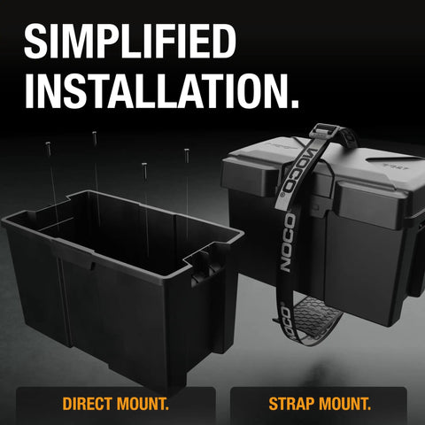 Snap Top Battery Containment Case For Group 27 12 Volt Cells showing direct mount and strap mount installation options.