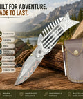 Fish Style Damascus Folding Knife With Ladder Pattern Blade Copper Finish Brass Engraved Handle And Leather Sheath Precision Edge