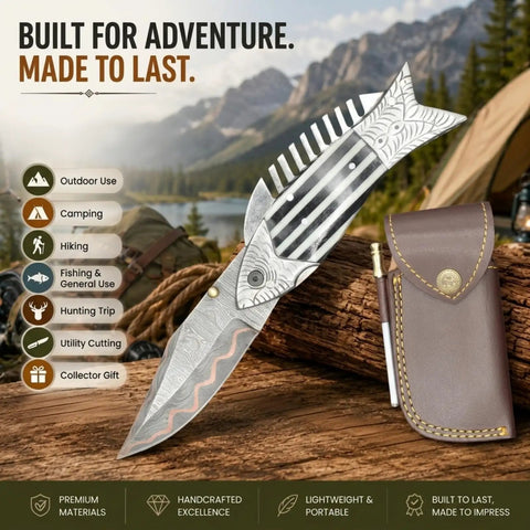Fish Style Damascus Folding Knife With Ladder Pattern Blade Copper Finish Brass Engraved Handle And Leather Sheath Precision Edge