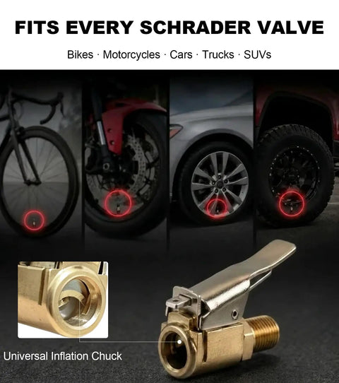 4 Pack Locking Air Chuck Quick Connect With Clip Adapter For Schrader Valves Brass Tire Inflator Adapter, shown with vehicle tires