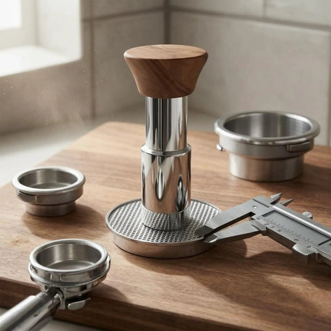 Straight Up 58mm Espresso Tamper For Dead On Pulls Daily Brushed Stainless Steel Coffee Press with wood grip on a wooden surface.