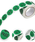 Quality Control Round Labels Pack 500 Self Adhesive QC Pass Stickers, green coated backing roll with PASS labels