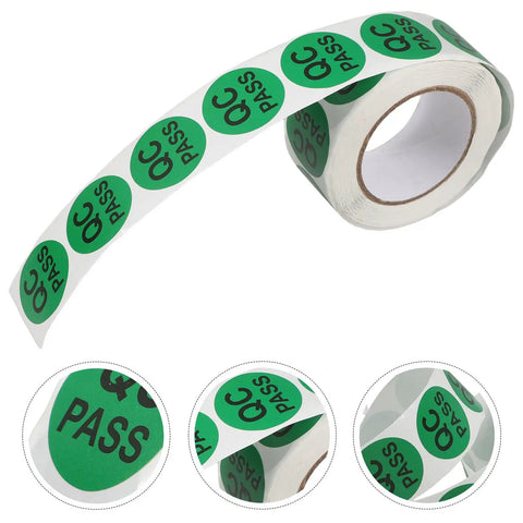 Quality Control Round Labels Pack 500 Self Adhesive QC Pass Stickers, green coated backing roll with PASS labels