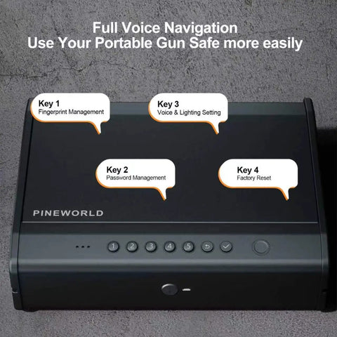 Biometric Gun Safe With Fingerprint Scanner And Raised Backlit Keypad Secures Two To Four Pistols quick access controls and voice navigation settings.