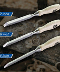 Heavy Duty Mortise Chisel Set With Chrome Vanadium Steel Blades And Premium Hornbeam Handles For Professional Cabinetmaking And Precision Woodworking Includes 1/4 Inch 3/8 Inch And 1/2 Inch Tools top view of 1/4, 3/8, and 1/2 inch chisels.