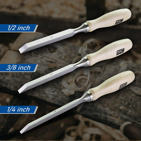Heavy Duty Mortise Chisel Set With Chrome Vanadium Steel Blades And Premium Hornbeam Handles For Professional Cabinetmaking And Precision Woodworking Includes 1/4 Inch 3/8 Inch And 1/2 Inch Tools top view of 1/4, 3/8, and 1/2 inch chisels.