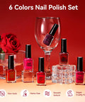 Six Vibrant Red Nail Polish Set With Wine Red Cherry Dark Red And Glitter Sparkle Finishes displayed with red rose and glass