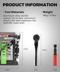 12-In-1 Portable Bike Repair Kit with Aluminum Ratchet Wrench and Extension Rod showing tool sizes and materials.
