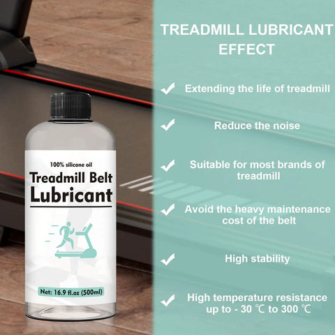 Pro Grade Treadmill Belt Lubricant With 100 Percent Silicone Oil next to treadmill graphic showing benefits like noise reduction.