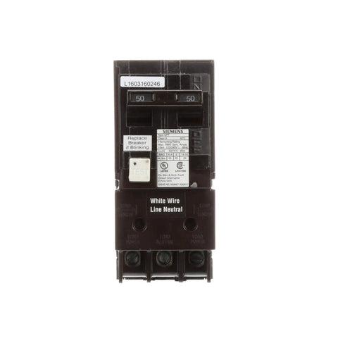 QPF2 GFCI Ground Fault Circuit Breaker, 50 Amp, 2 Pole, 240 Volt, 10,000 AIC, Self Test UL 943, Class A Protection front view