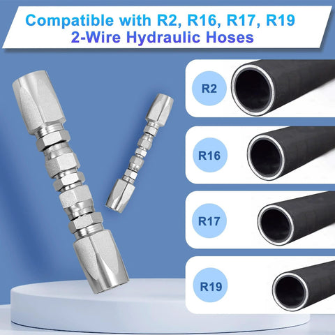 Front view of reusable hydraulic hose repair kit with metal fittings for 1/4, 3/8, 1/2 in SAE 100R2/R16/R17/R19 hoses