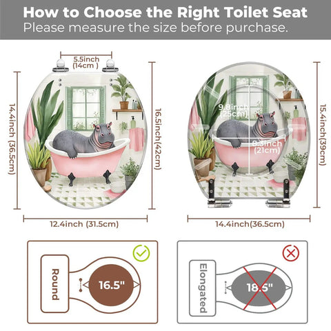 Round Toilet Seat Decorative for Bathroom with hippo design, measuring 14.4x12.4 inches for size comparison.