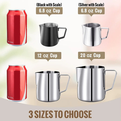 Comparison of three sizes of Stainless Steel Milk Frothing Pitcher 6.8oz 200ml With Dripless Spout, Dishwasher Safe, 18/8 Construction