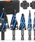 Five Piece HSS Spiral Step Drill Bit Set With Four Flutes And Nitride Coating For Heavy Duty Holes From One Eighth To One And Three Eighths Inch