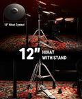 Electric Drum Set Pro 6 Drum 3 Cymbal Kit With 12 Inch Hi Hat Stand shown on a colorful rug, highlighting hi-hat detail.