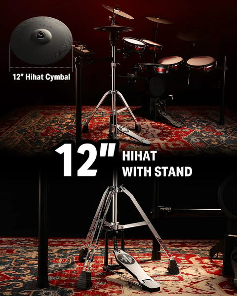 Electric Drum Set Pro 6 Drum 3 Cymbal Kit With 12 Inch Hi Hat Stand shown on a colorful rug, highlighting hi-hat detail.