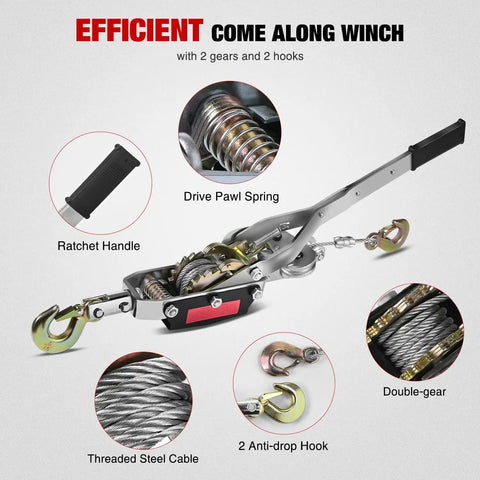 Diagram of Heavy Duty Come Along Winch 5 Ton 10000 Lbs Hand Winch Tool With 10 Ft Rope, showing parts and features.