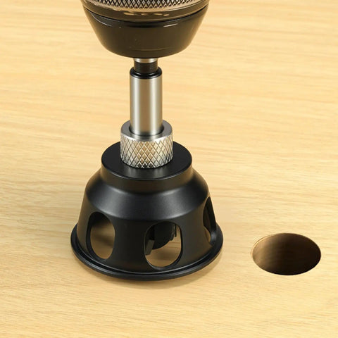 Smooth Operator Aluminum Dowel Jig Kit With Bench Dog Hole Drill Guide and Chamfer Reamer Burr tool on wooden surface.