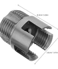 Close-up of the Heavy Duty Dual Function Pipe Threader Kit for Power Drill, cuts and threads half through one inch PVC pipe.