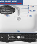 Extended Silicone Faucet Splash Guard And Sink Overflow Mat With Integrated Sponge Rest and Rapid Drain Cutouts To Keep Your Kitchen Counter No Sweat And Always Looking Sharp In Rich Matte Black dimensions and fit guide