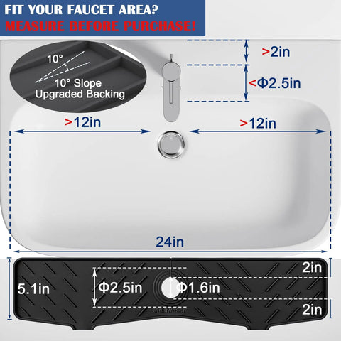 Extended Silicone Faucet Splash Guard And Sink Overflow Mat With Integrated Sponge Rest and Rapid Drain Cutouts To Keep Your Kitchen Counter No Sweat And Always Looking Sharp In Rich Matte Black dimensions and fit guide
