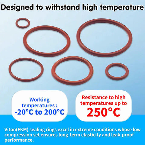 Front view of six red Viton FKM O-rings in assorted diameters for automotive use