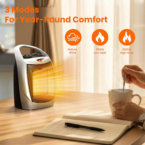 1500W Portable Ceramic Space Heater For Indoor Use With 3 Modes Thermostat Adjustable Quiet Under 45dB Tip Over And Overheat Protection Compact Desk Office Heater For Bedroom Silver on desk