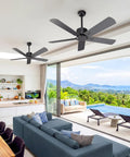 Modern living area with 52 Inch Black Outdoor Flush Mount Ceiling Fan With Remote Control No Light, 5 Blades, installed on ceiling.