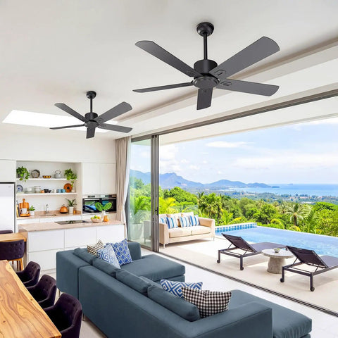 Modern living area with 52 Inch Black Outdoor Flush Mount Ceiling Fan With Remote Control No Light, 5 Blades, installed on ceiling.