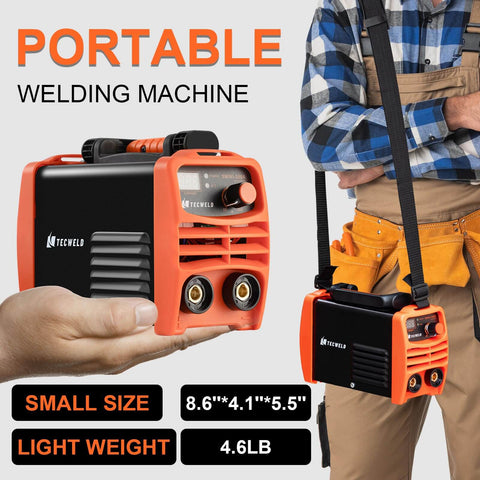 Portable welding machine shown handheld and with shoulder strap for easy carrying, small size and lightweight design highlighted.