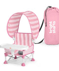 Pop N Sit Cabana Baby Beach Portable Booster Chair With UPF Canopy Removable Tray Indoor Outdoor Foldable Go Anywhere For Travel Days Out Pink 6 Months To 3 Years shown with carrying bag