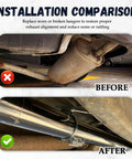 Before and after installation of heavy duty 2.5 inch exhaust hangers with 360 degree adjustable muffler hanger clamp for cars