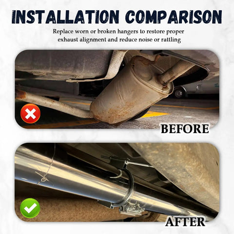 Before and after installation of heavy duty 2.5 inch exhaust hangers with 360 degree adjustable muffler hanger clamp for cars