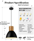 Industrial Pendant Light For Kitchen Island 8 Inch Solid Wood Hanging Lamp With Matte Black Metal Shade dimensions and specs