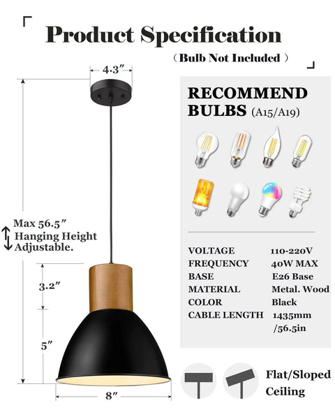 Industrial Pendant Light For Kitchen Island 8 Inch Solid Wood Hanging Lamp With Matte Black Metal Shade dimensions and specs