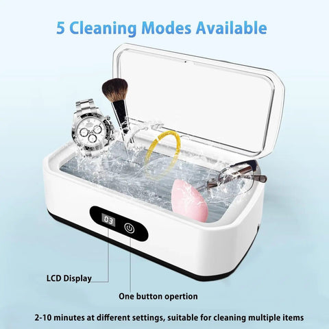Powerful 48KHz Ultrasonic Cleaner For Jewelry And Delicate Finds, 12oz Stainless Cleaning Pod with watches and glasses inside
