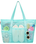 Blue Mesh Beach Bag With Zipper, Large Sandproof Waterproof Tote for Beach Toys and Pool Gear, 8 Pockets, front view