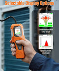 Hand holding Refrigerant Leak Detector For HVAC With Halogen Ionization Sensor, Detects R134a CFCs HCFCs HFCs, Fast Response And High Sensitivity, 3 Sensitivity Levels, Built In Fan For Negative Pressure, Pro Grade Orange with screen