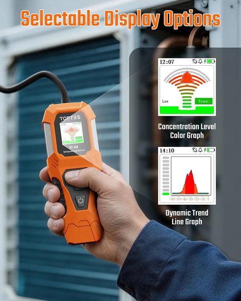 Hand holding Refrigerant Leak Detector For HVAC With Halogen Ionization Sensor, Detects R134a CFCs HCFCs HFCs, Fast Response And High Sensitivity, 3 Sensitivity Levels, Built In Fan For Negative Pressure, Pro Grade Orange with screen