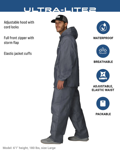 Model wearing Ultra Lite2 Waterproof Breathable Rain Suit With Jacket And Pants, showing features like adjustable hood and elastic cuffs.