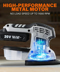 Cordless 20V Max Random Orbital And Detail Sander With 2.0A Battery And Charger showcasing metal motor at 11000 RPM