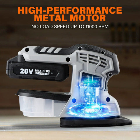 Cordless 20V Max Random Orbital And Detail Sander With 2.0A Battery And Charger showcasing metal motor at 11000 RPM