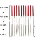 Mini Diamond Needle File Set, 10 Piece, 6 Inch Total Length, 150 Grit, with dipped handles, ten file types in display
