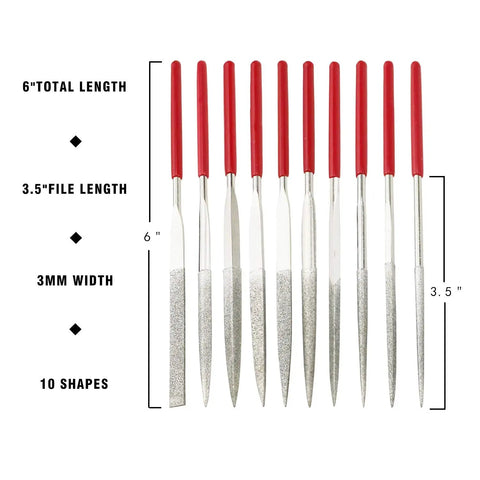 Mini Diamond Needle File Set, 10 Piece, 6 Inch Total Length, 150 Grit, with dipped handles, ten file types in display